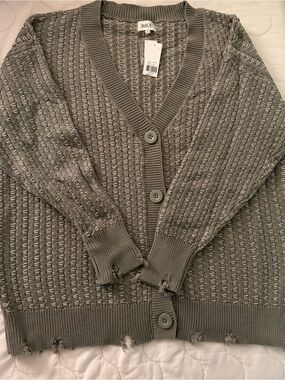 BKE Vetiver Open-Knit V-Neck Cardigan - Olive Grey
